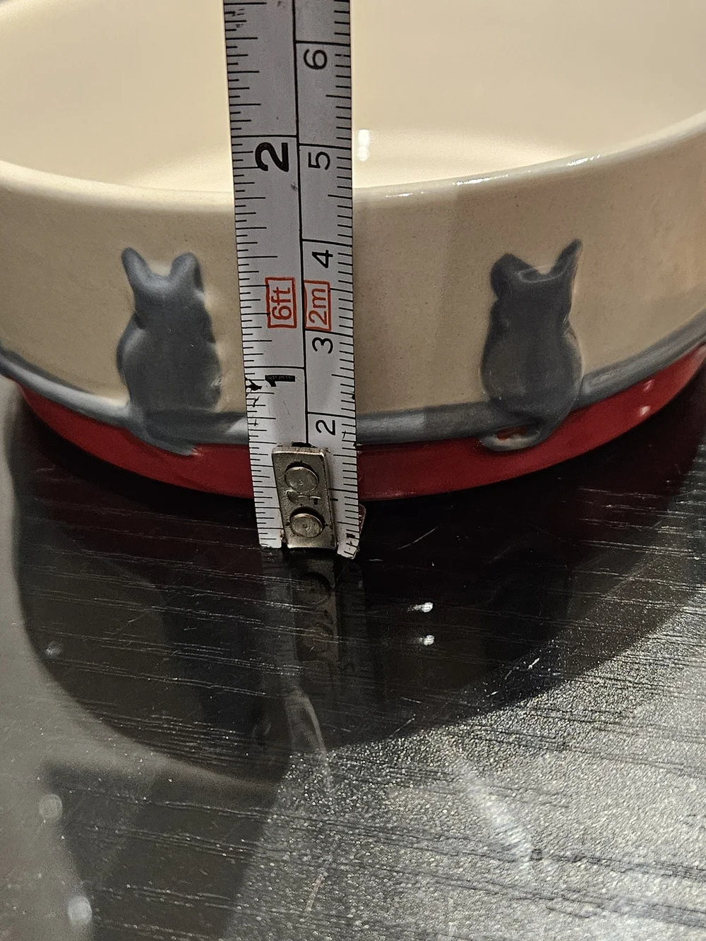 Cream Ceramic Cat Bowl with 'Meow' Text and Gray Cat Accents